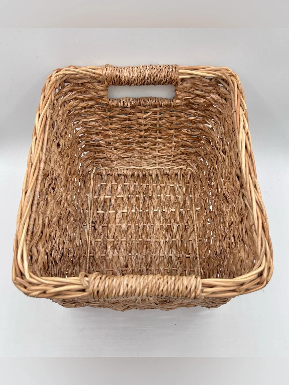 Woven Ratan Storage Basket Rectangular Farmhouse Handles Deep 11